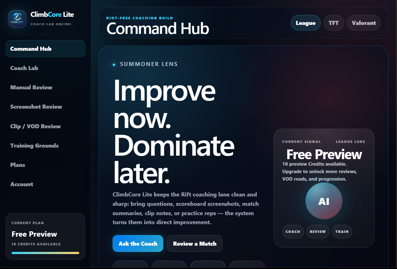 ClimbCore Lite Command Hub screenshot