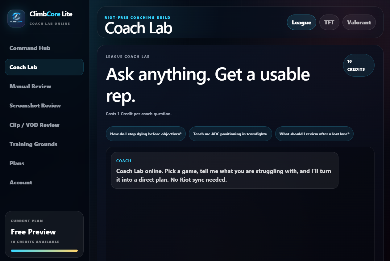 ClimbCore Lite multilingual coach screenshot